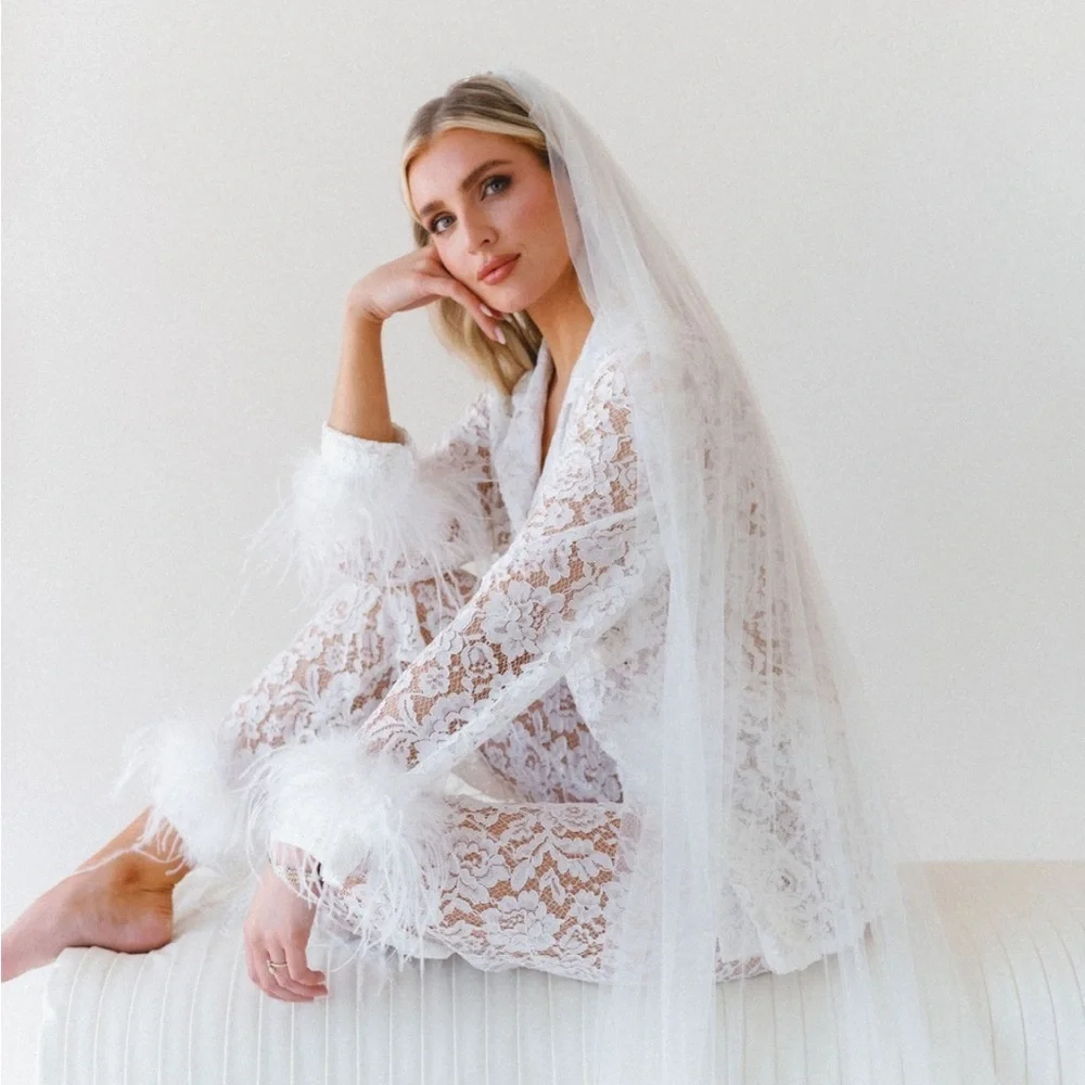 Bridal White Lace Pajama Set with Feather Trim - Picture 4 of 5